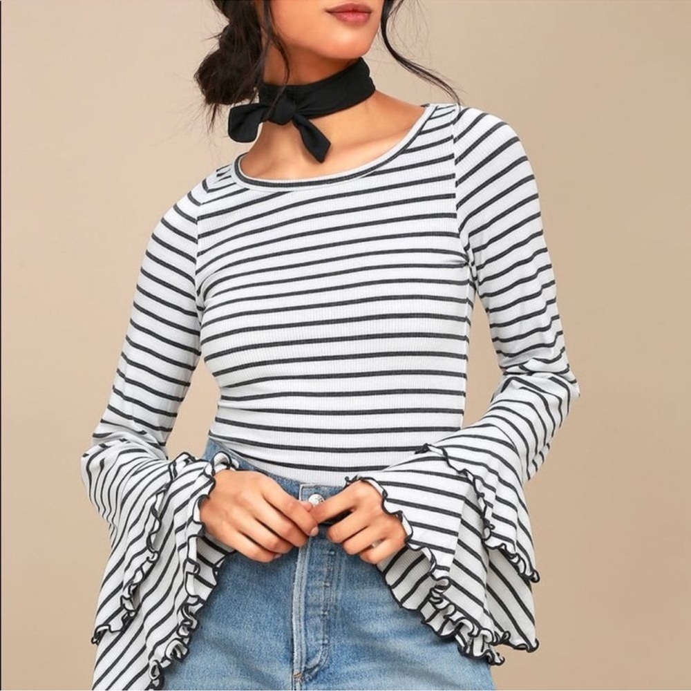 WE THE FREE Free People Grey and White Striped Bell Sleeve Top